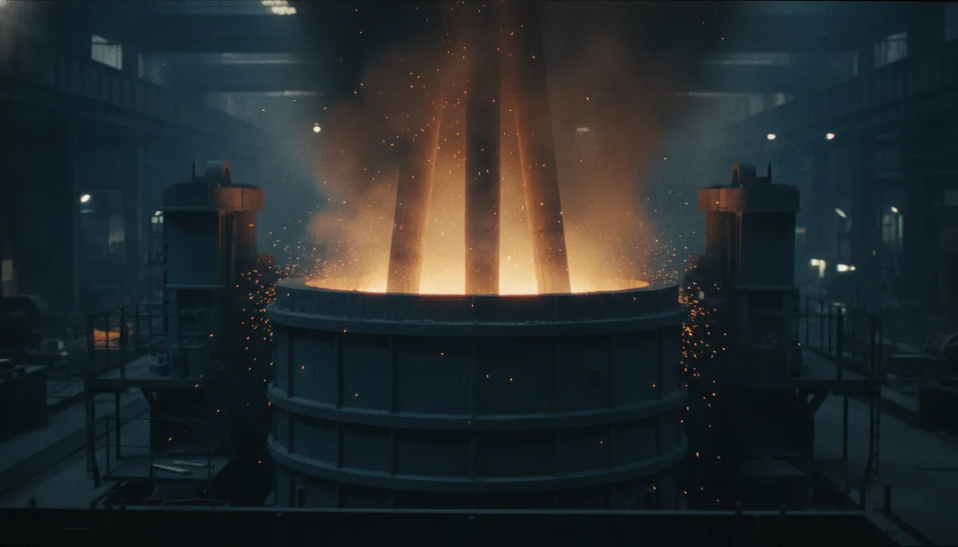 Molten steel being tapped from an electric arc furnace